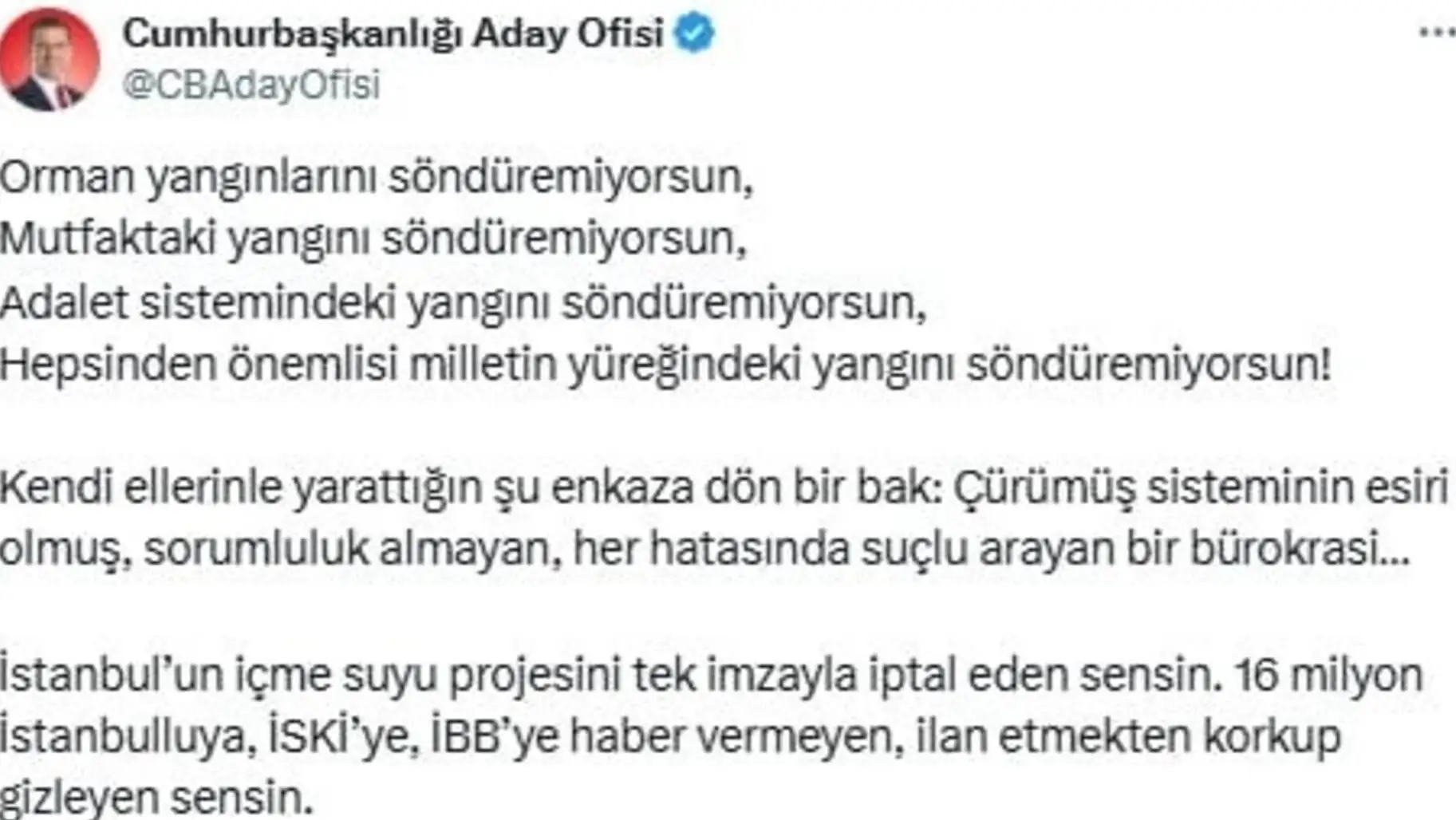Screenshot of İmamoğlu's social media post.