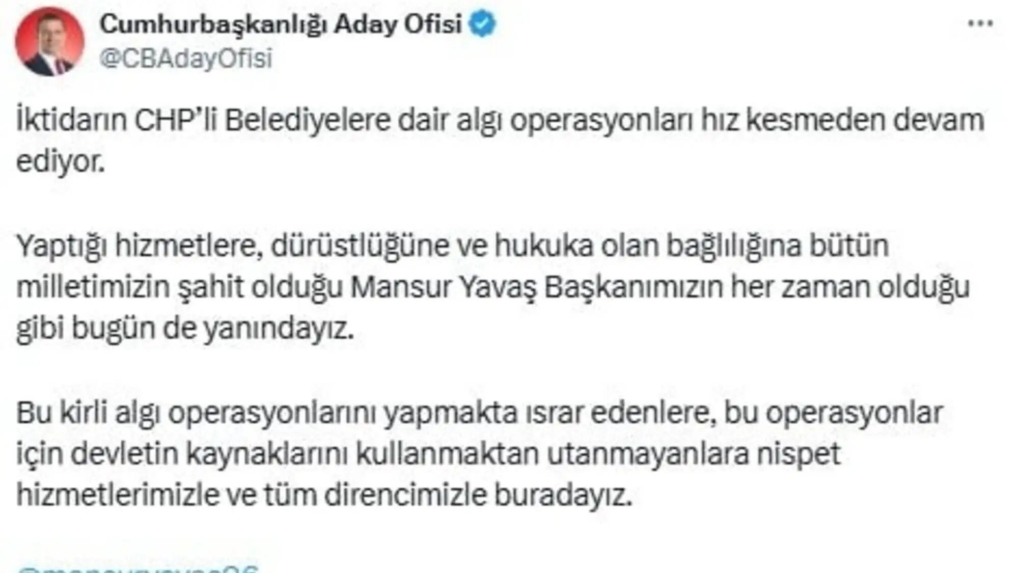 Screenshot of Imamoğlu's social media post.
