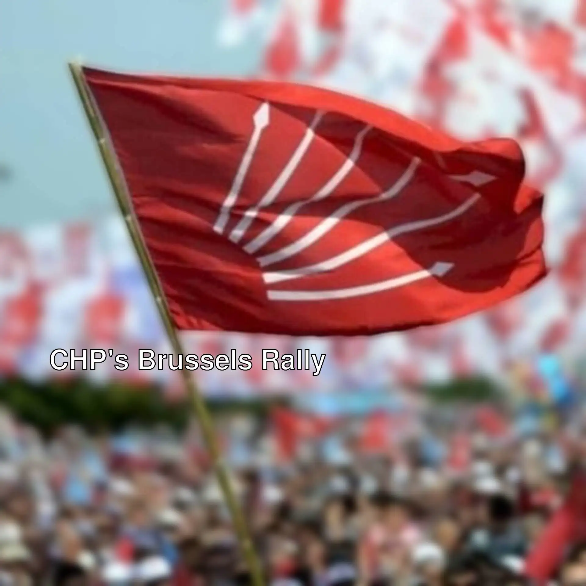 A crowd of people behind a red flag.