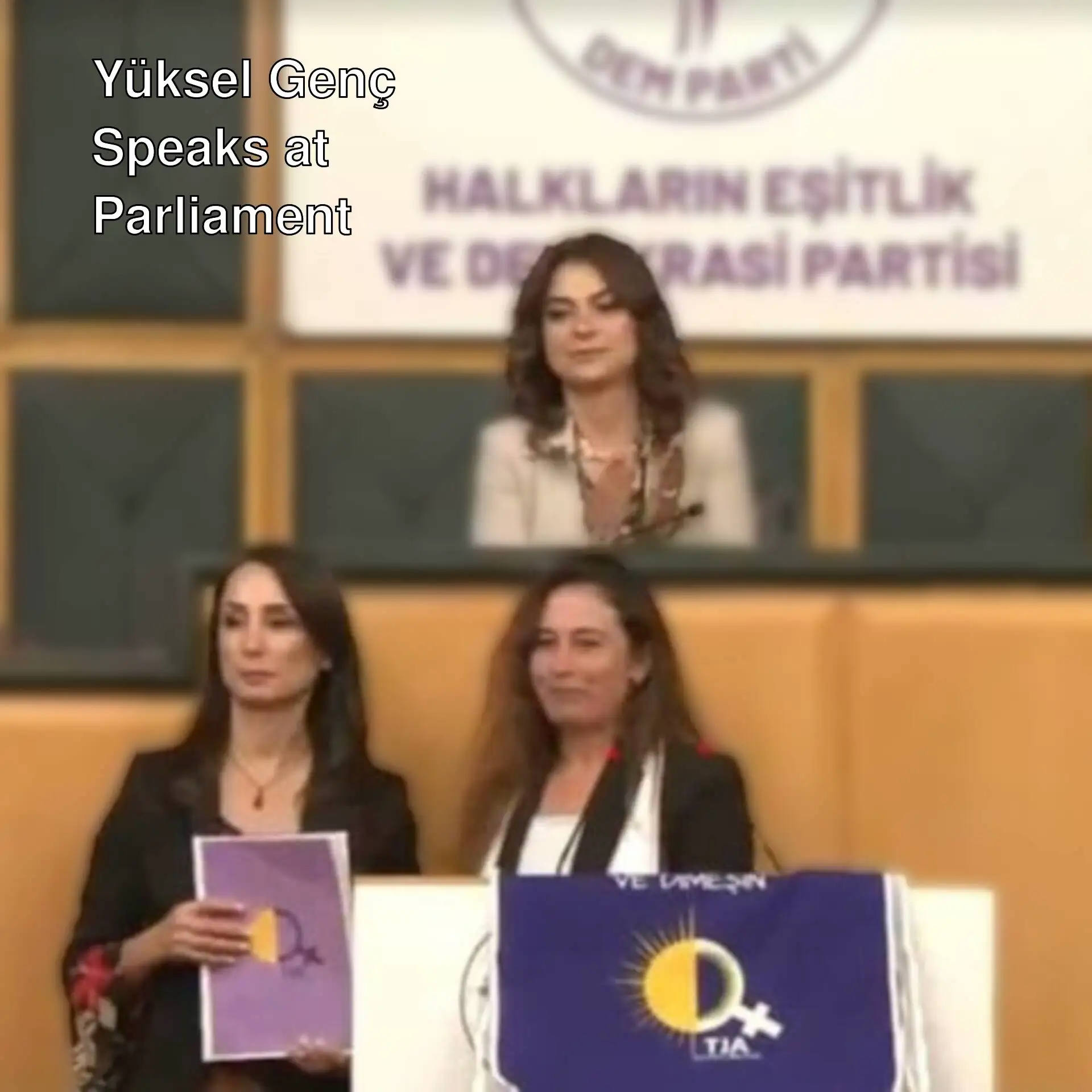 A group of women standing at a podium. A group of women standing at a podium.