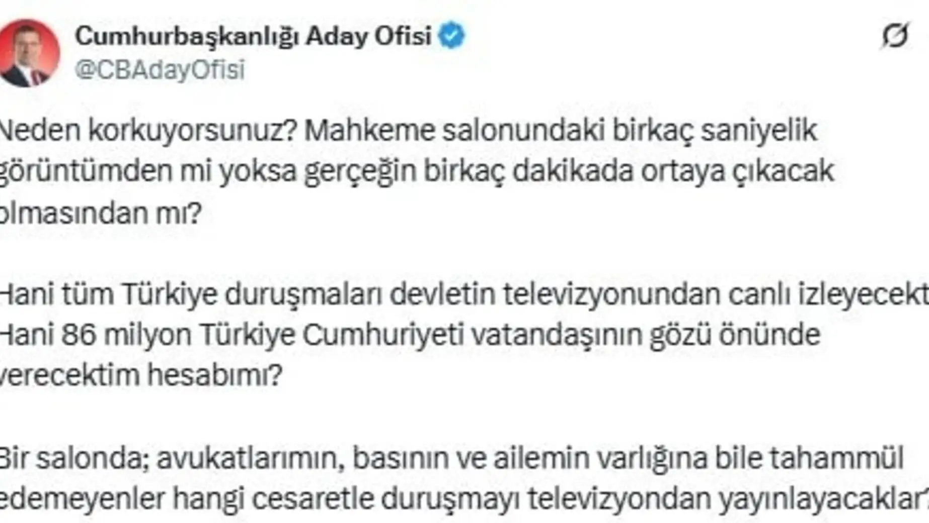 Screenshot of Imamoğlu's social media post. Screenshot of Imamoğlu's social media post.