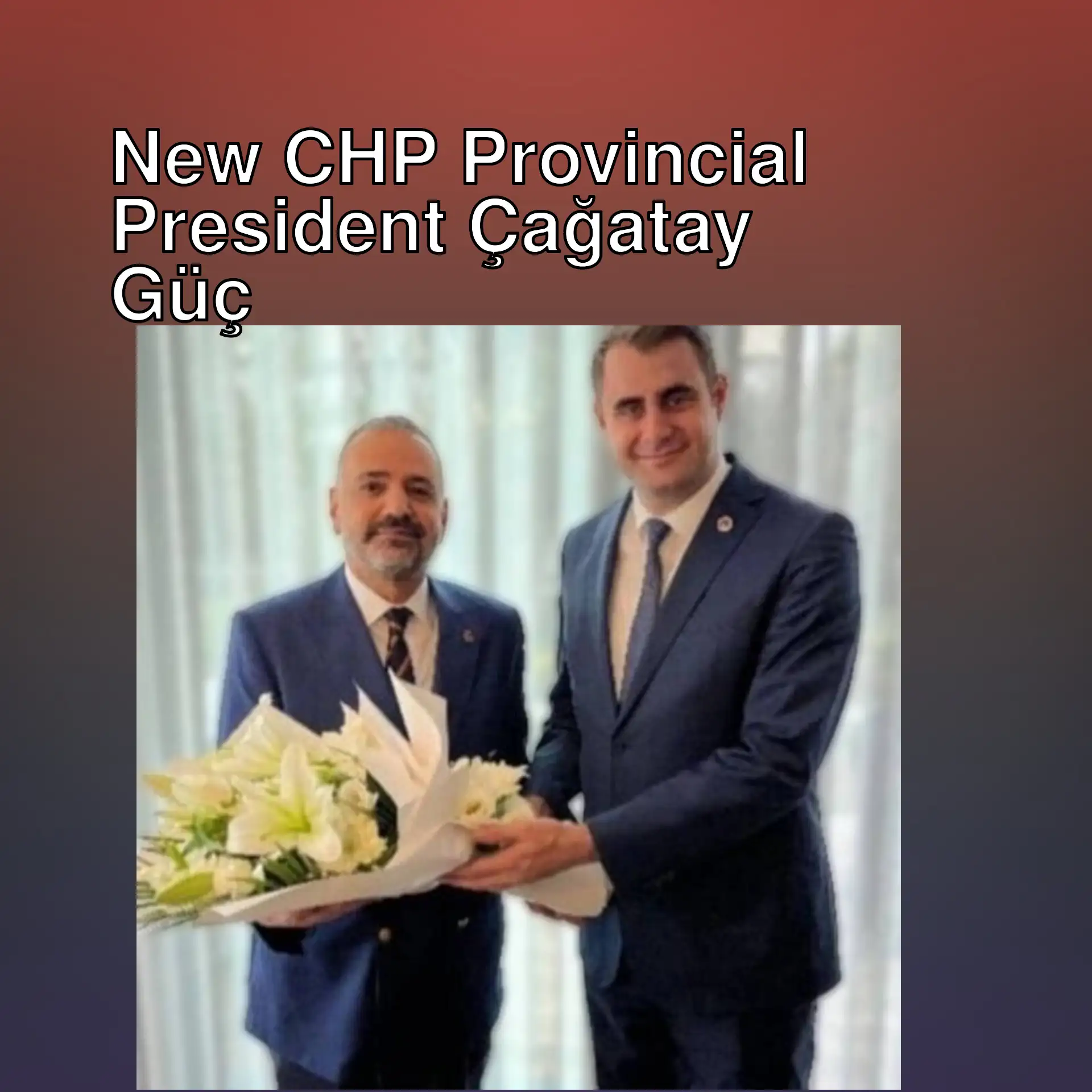 Two men in suits holding flowers.
